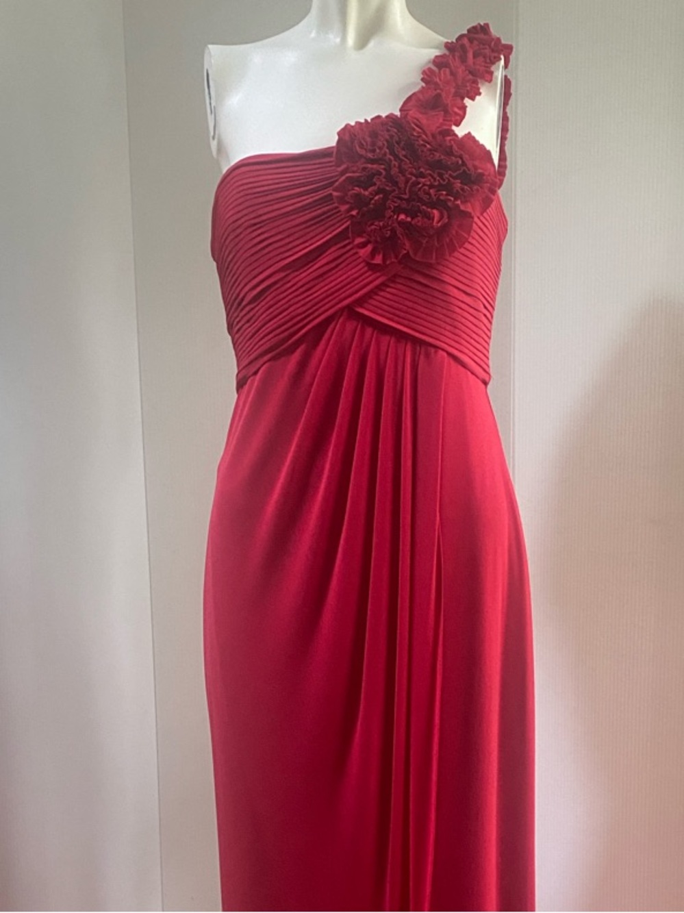 BCBGMaxAzria One-Shoulder Red Pleated Gown with Floral Strap